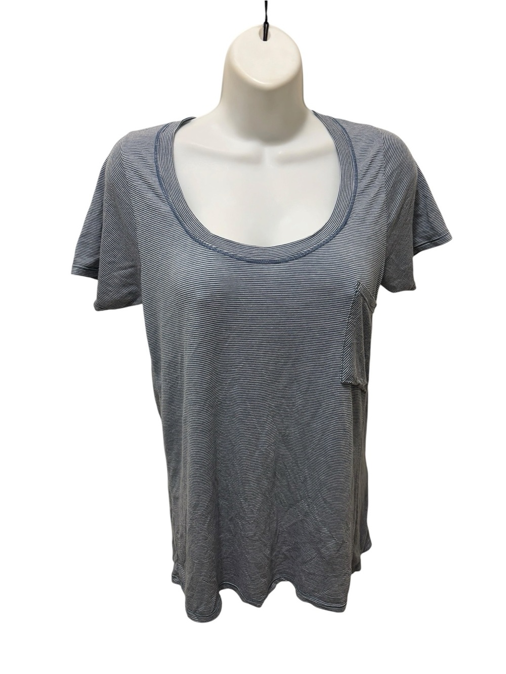 Nau Merino Wool Blend SS Slub Pocket Tee Sz XS Navy Gray Striped Scoop Neck